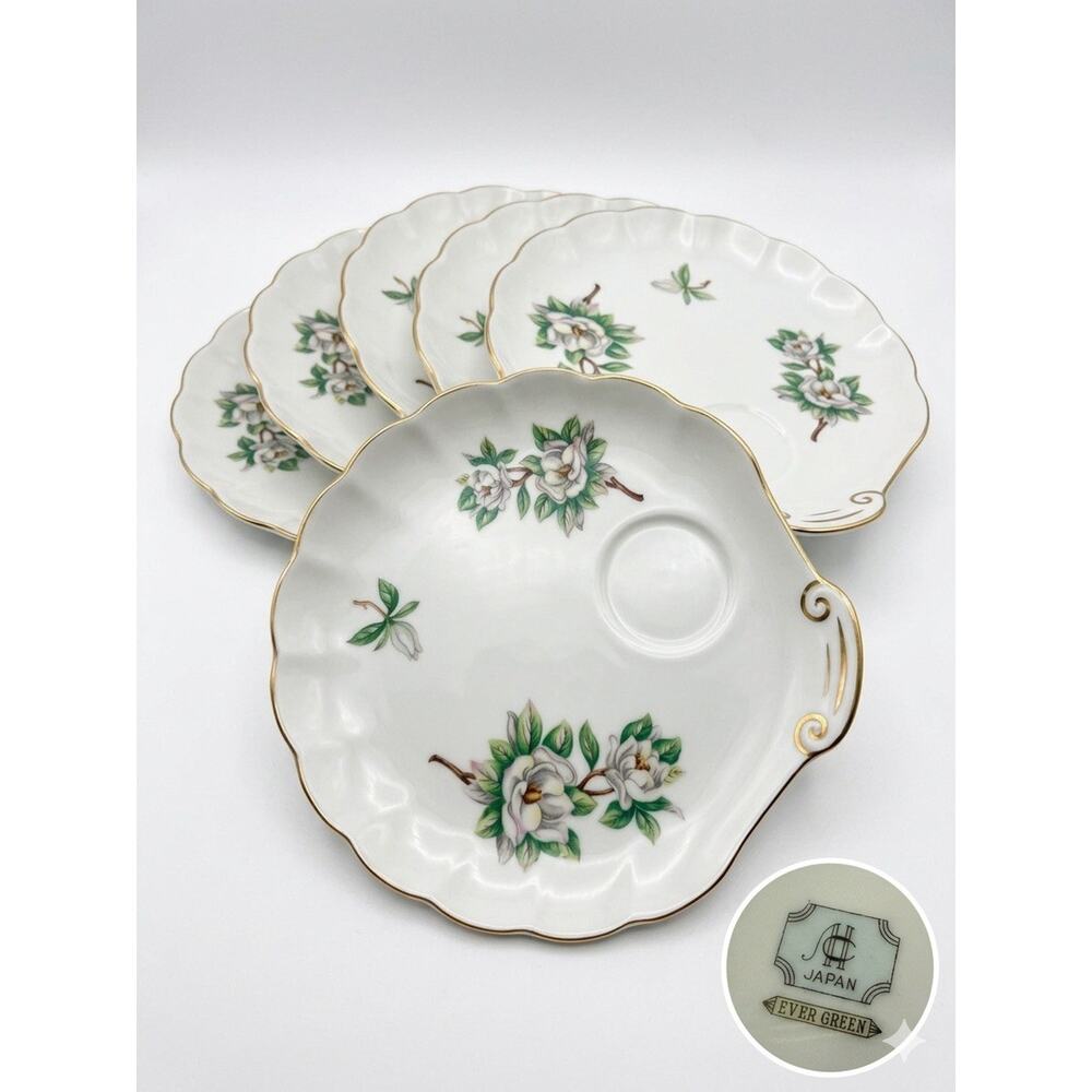 Set of 6 Vintage A.C. Japan Ever Green Magnolia Snack Plates Shell Gold Trim